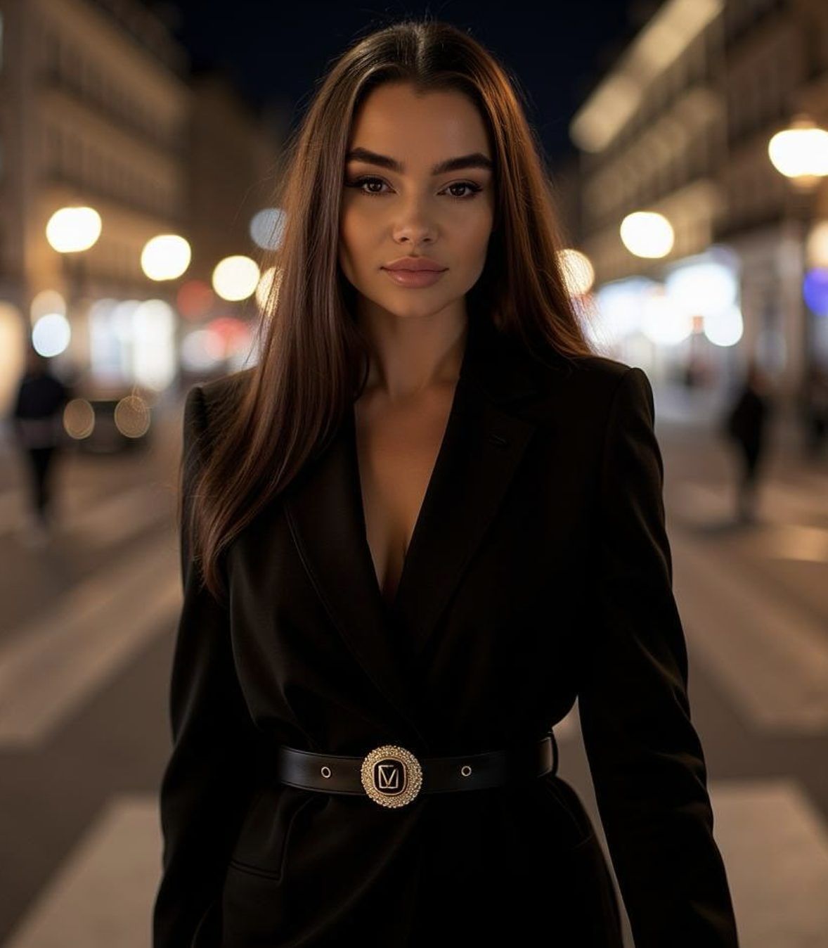 LV in a black blazer on a city street at night
